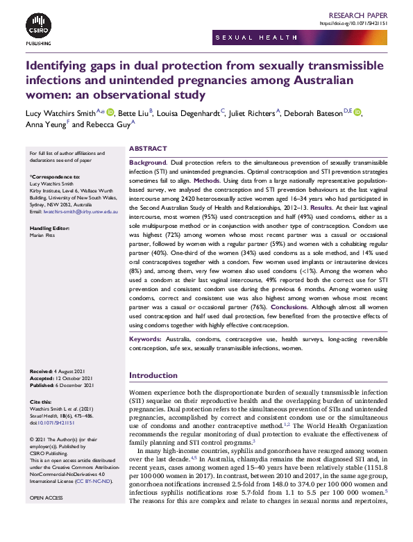 (PDF) Identifying gaps in dual protection from sexually transmissible ...