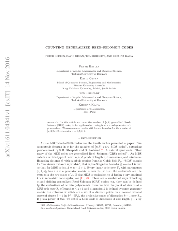 (PDF) Counting generalized Reed-Solomon codes