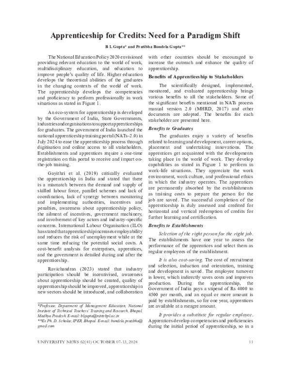 (PDF) Apprenticeship for Credits: Need for a Paradigm Shift