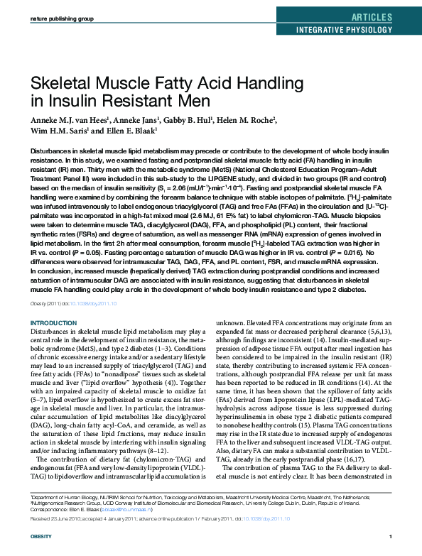 (PDF) Skeletal Muscle Fatty Acid Handling in Insulin Resistant Men