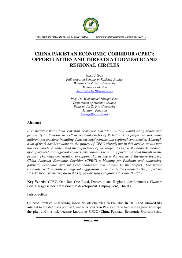 (PDF) China Pakistan Economic Corridor (Cpec) Opportunities and Threats ...