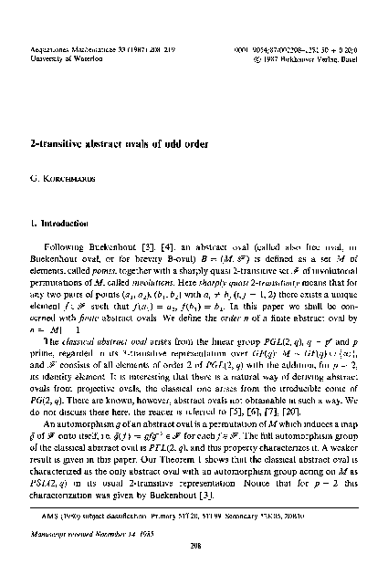 (PDF) 2-TRANSITIVE Abstract Ovals of Odd Order