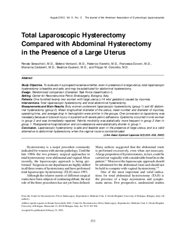 (PDF) Total Laparoscopic Hysterectomy Compared with Abdominal ...