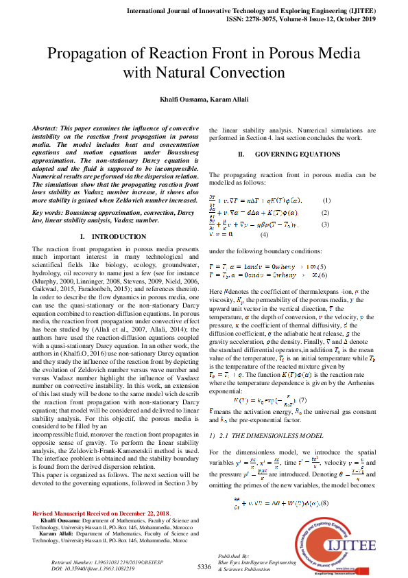 (PDF) Propagation of Reaction Front in Porous Media with Natural Convection