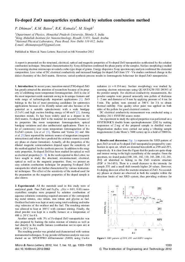 (PDF) Fe-doped ZnO nanoparticles synthesised by solution combustion method