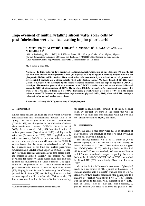 (PDF) Improvement of multicrystalline silicon wafer solar cells by post ...