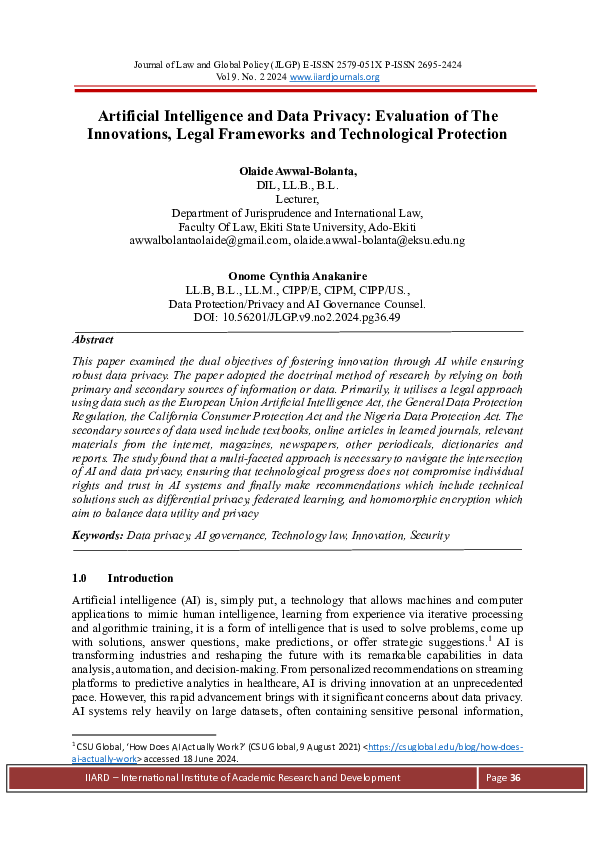 (PDF) Artificial Intelligence and Data Privacy: Evaluation of The ...