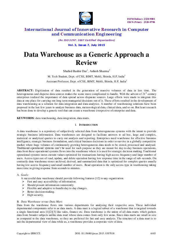 (PDF) Data Warehouse as a Generic Approach a Review