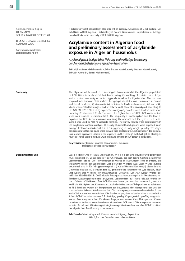 (PDF) Acrylamide content in Algerian food and preliminary assessment of ...