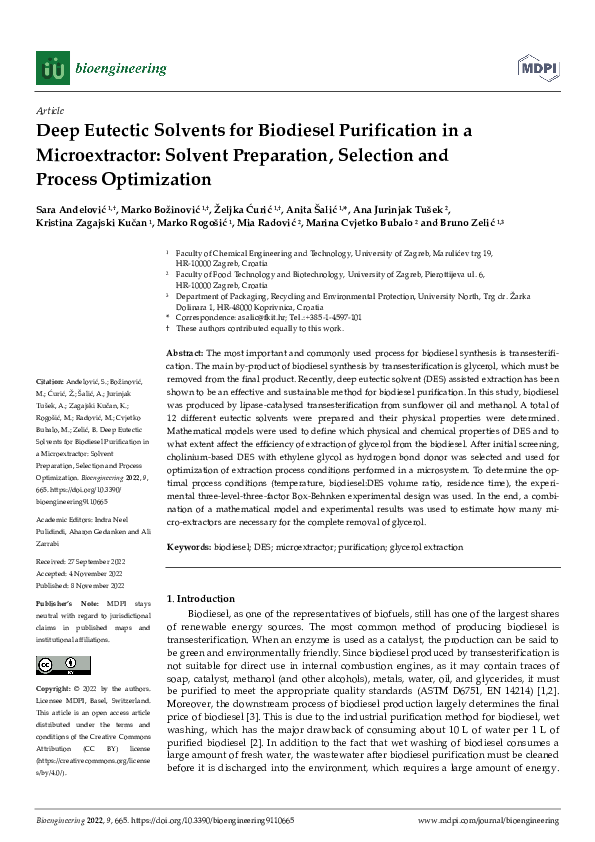 (PDF) Deep Eutectic Solvents for Biodiesel Purification in a ...