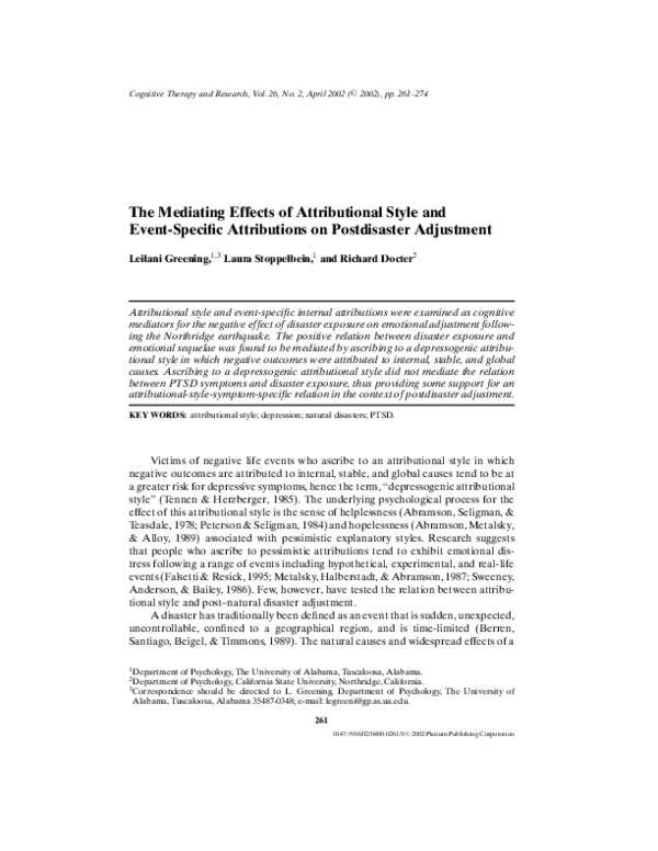 (PDF) The Mediating Effects of Attributional Style and Event-Specific ...