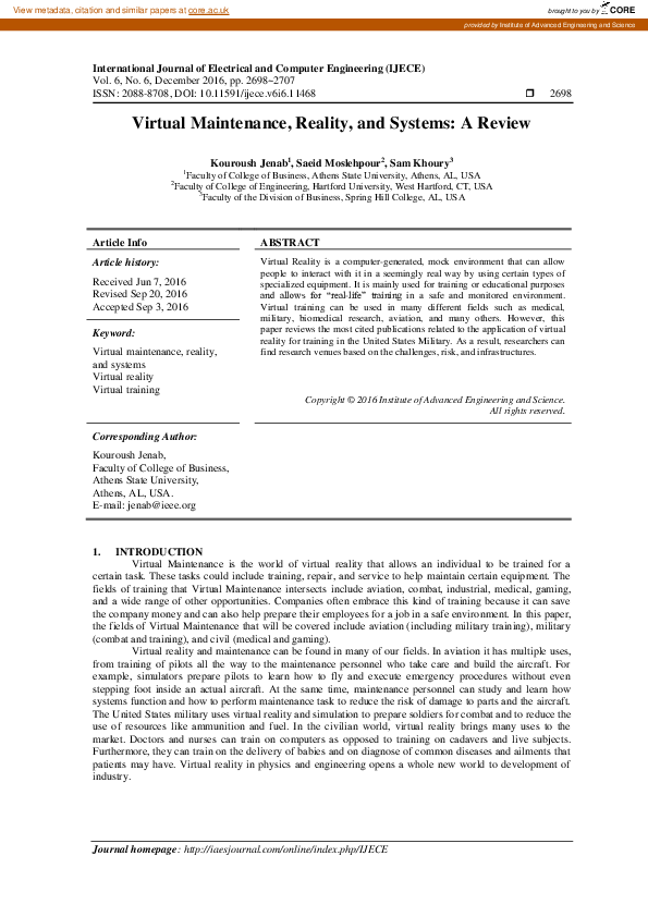 (PDF) Virtual Maintenance, Reality, and Systems: A Review