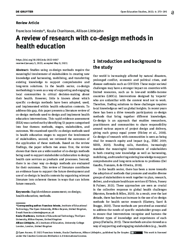 (PDF) A review of research with co-design methods in health education