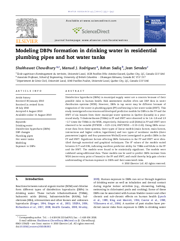 (PDF) Modeling DBPs formation in drinking water in residential plumbing ...