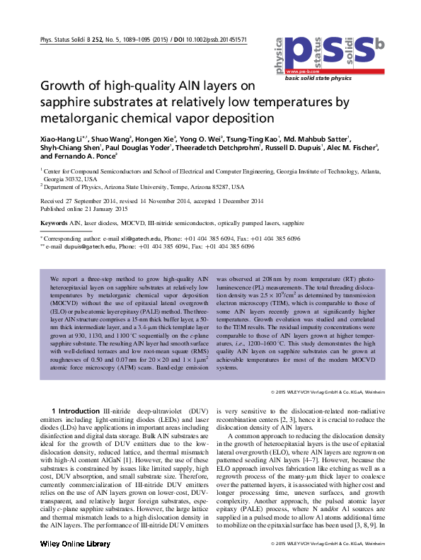 (PDF) Growth of high-quality AlN layers on sapphire substrates at ...