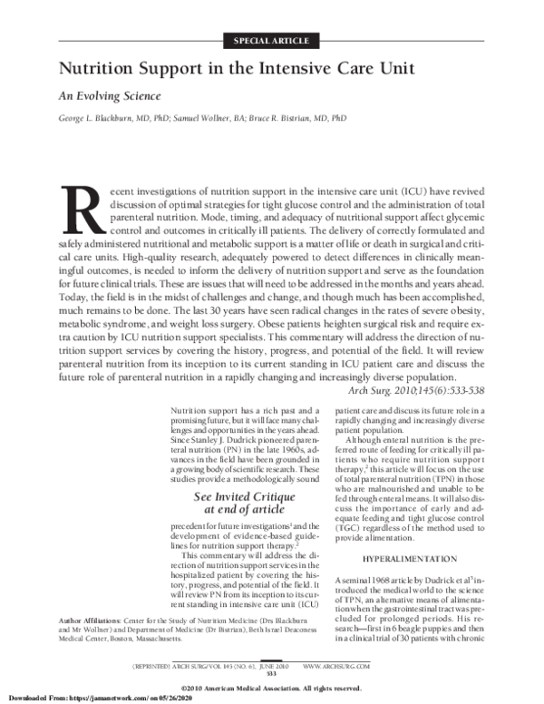 (PDF) Nutrition Support in the Intensive Care Unit