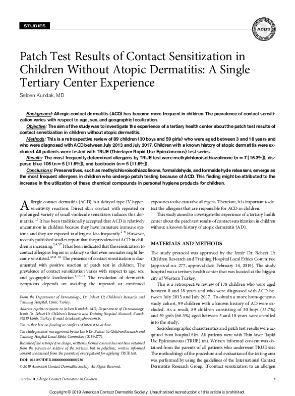 (PDF) Patch Test Results of Contact Sensitization in Children Without ...