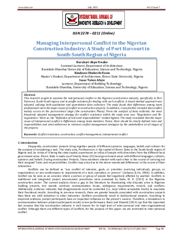 (PDF) Managing Interpersonal Conflict in the Nigerian Construction ...