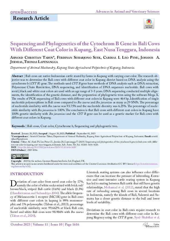 (PDF) Sequencing and Phylogenetics of the Cytochrom B Gene in Bali Cows ...