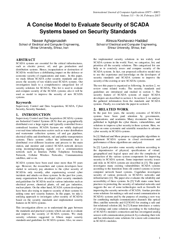 (PDF) A Concise Model to Evaluate Security of SCADA Systems based on ...