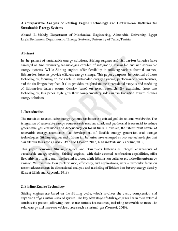 (PDF) A Comparative Analysis of Stirling Engine Technology and Lithium ...