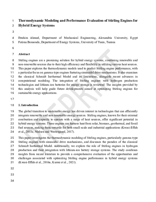 (PDF) Thermodynamic Modeling and Performance Evaluation of Stirling ...