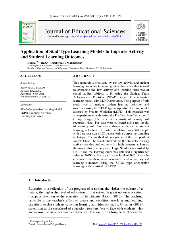(PDF) Application of Stad Type Learning Models to Improve Activity and ...