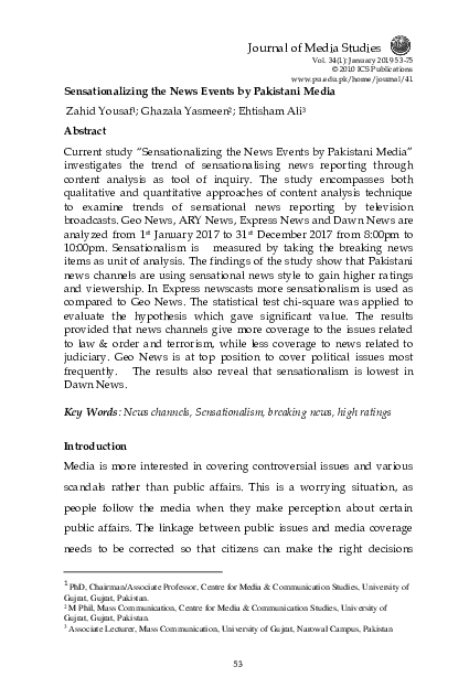 (PDF) Sensationalizing the News Events by Pakistani Media