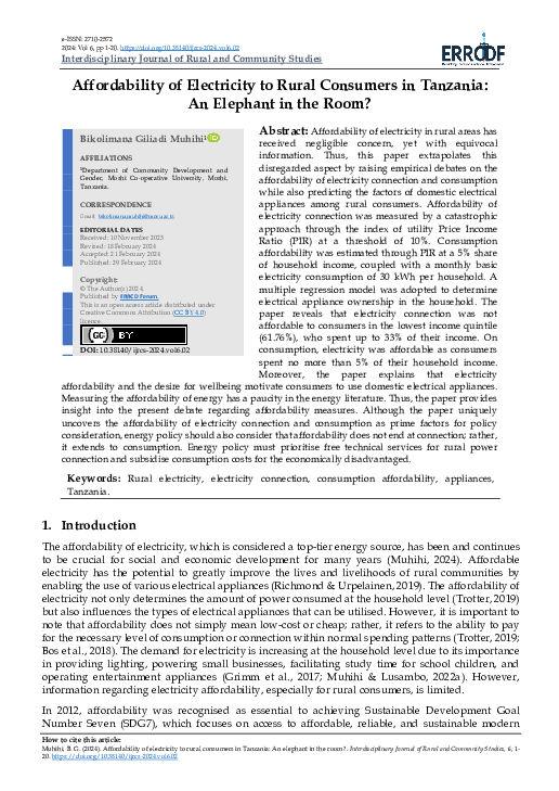 (PDF) Affordability of electricity to rural consumers in Tanzania: An ...