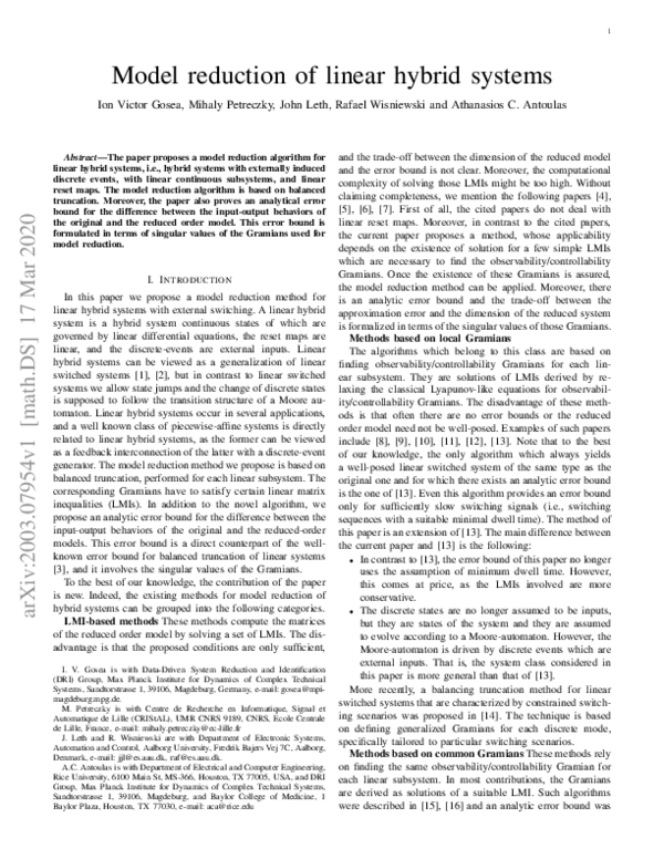 (PDF) Model reduction of linear hybrid systems