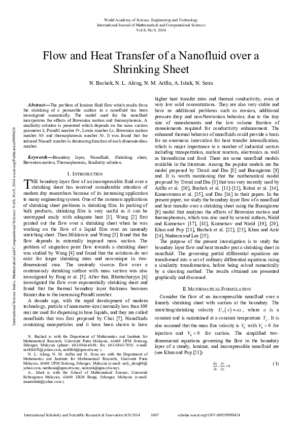 (PDF) Flow And Heat Transfer Of A Nanofluid Over A Shrinking Sheet