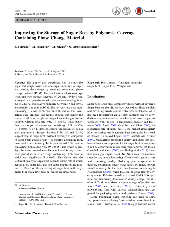 (PDF) Improving the Storage of Sugar Beet by Polymeric Coverage ...