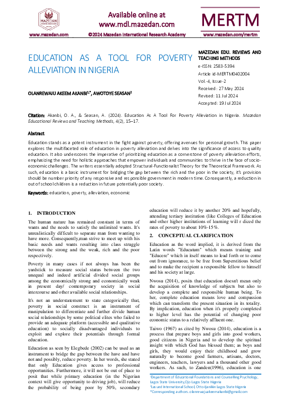 (PDF) Education As A Tool For Poverty Alleviation in Nigeria