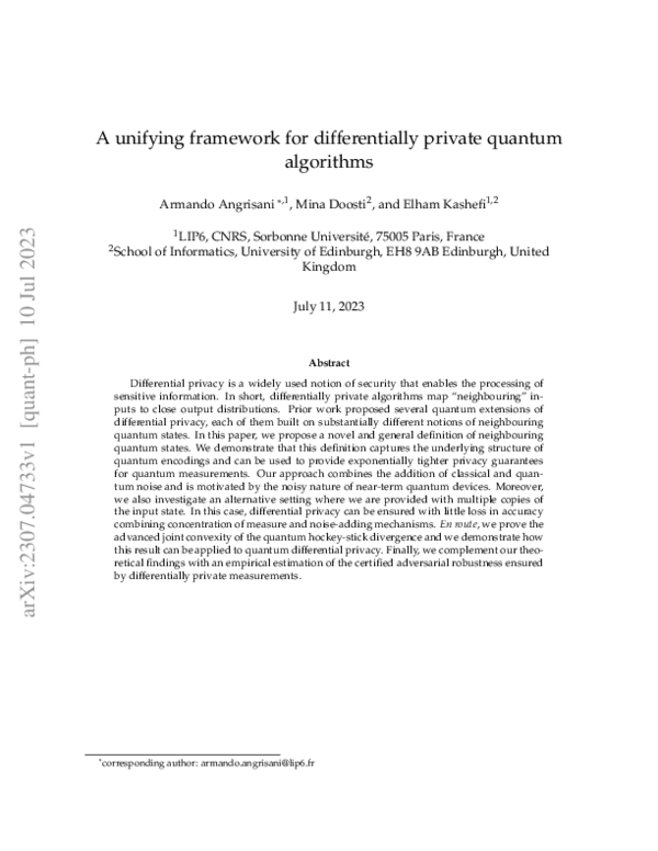 (PDF) A unifying framework for differentially private quantum algorithms