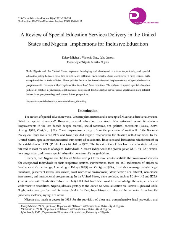 (PDF) A Review of Special Education Services Delivery in the United ...