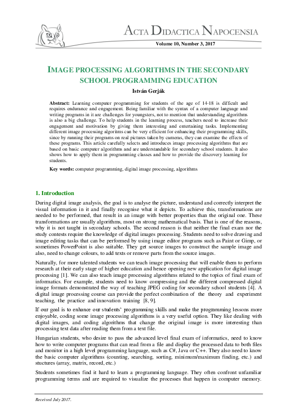 (PDF) Image Processing Algorithms in the Secondary School Programming ...