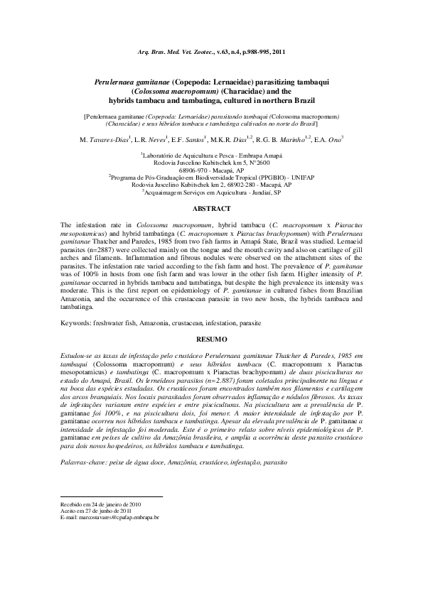(PDF) Perulernaea gamitanae (Copepoda: Lernaeidae) parasitizing ...