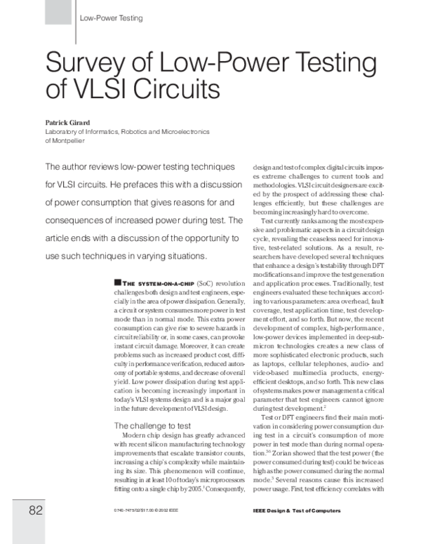(PDF) Survey of low-power testing of VLSI circuits
