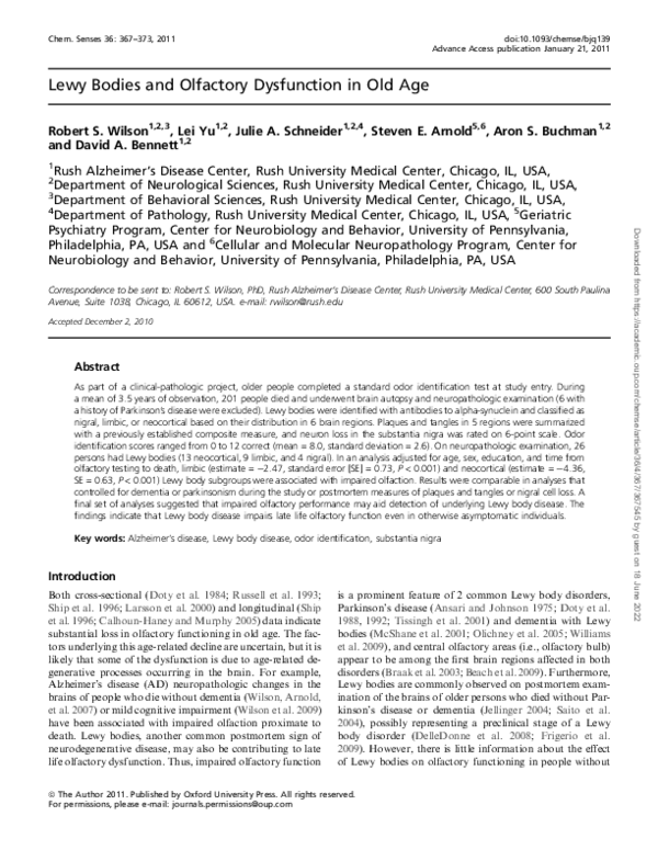 (PDF) Lewy Bodies and Olfactory Dysfunction in Old Age