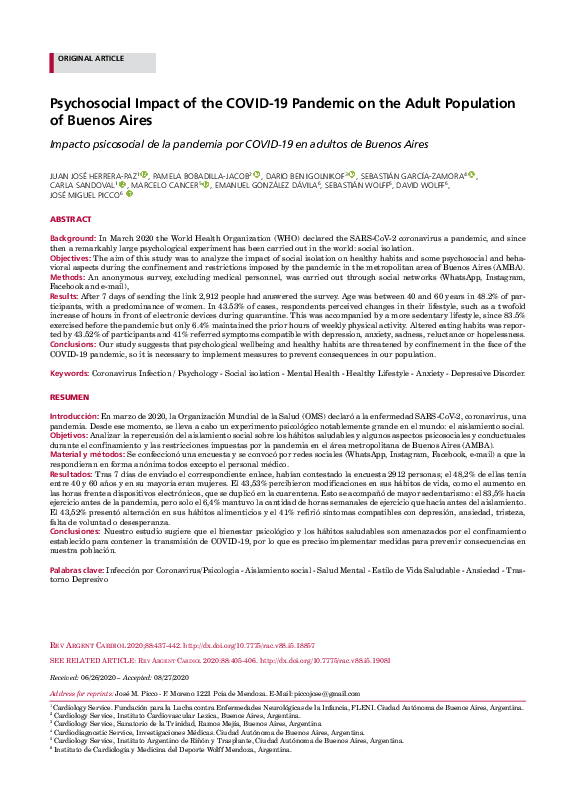 (PDF) Psychosocial Impact of the COVID-19 Pandemic on the Adult ...