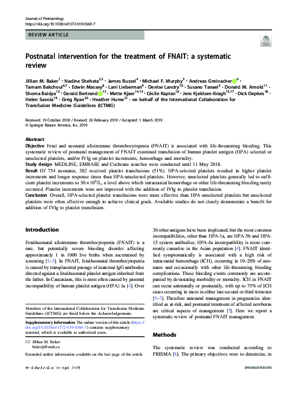 (PDF) Postnatal intervention for the treatment of FNAIT: a systematic ...