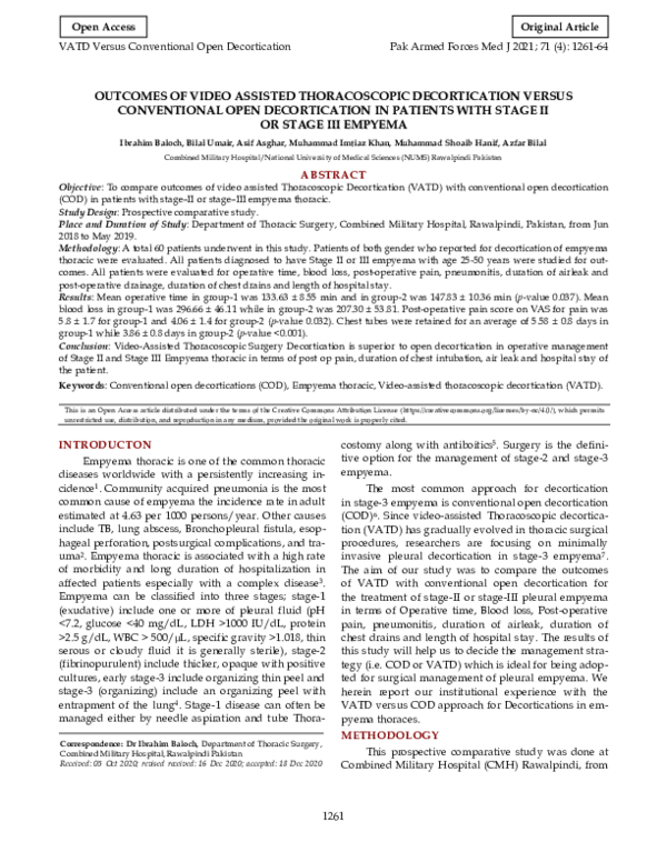 (PDF) Outcomes of Video Assisted Thoracoscopic Decortication Versus ...