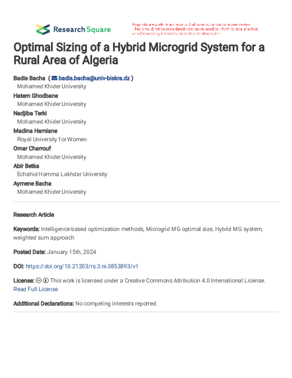 (PDF) Optimal Sizing of a Hybrid Microgrid System for a Rural Area of ...
