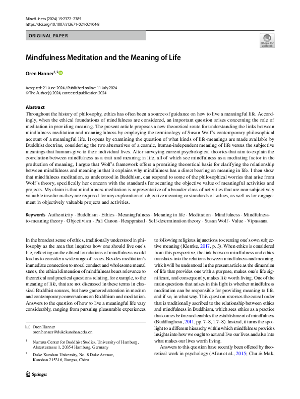 (PDF) Mindfulness Meditation and the Meaning of Life
