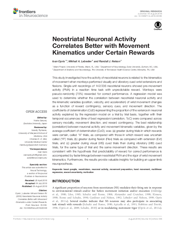 (PDF) Neostriatal Neuronal Activity Correlates Better with Movement ...