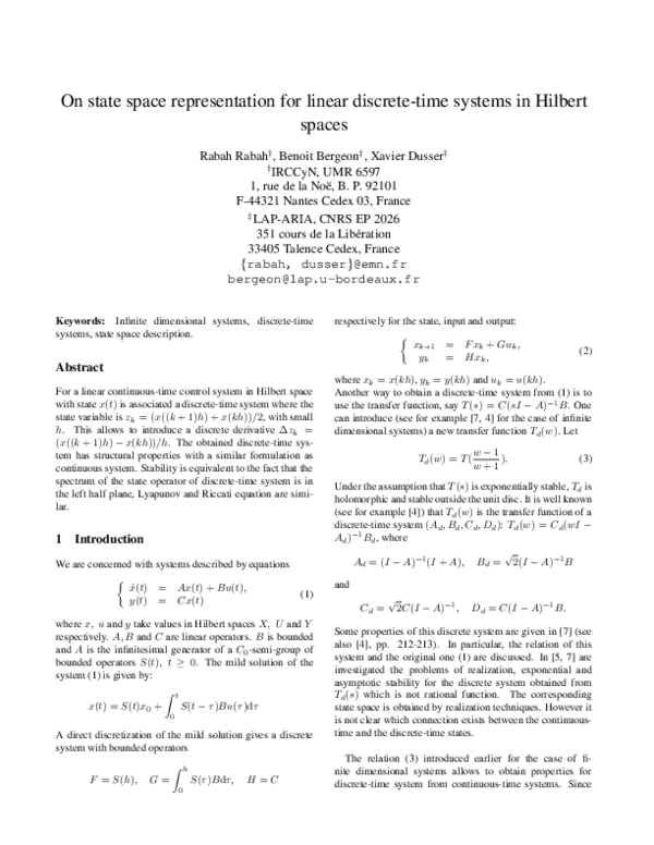 (PDF) On state space representation for linear discrete-time systems in ...