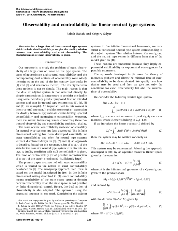(PDF) Observability and controllability for linear neutral type systems