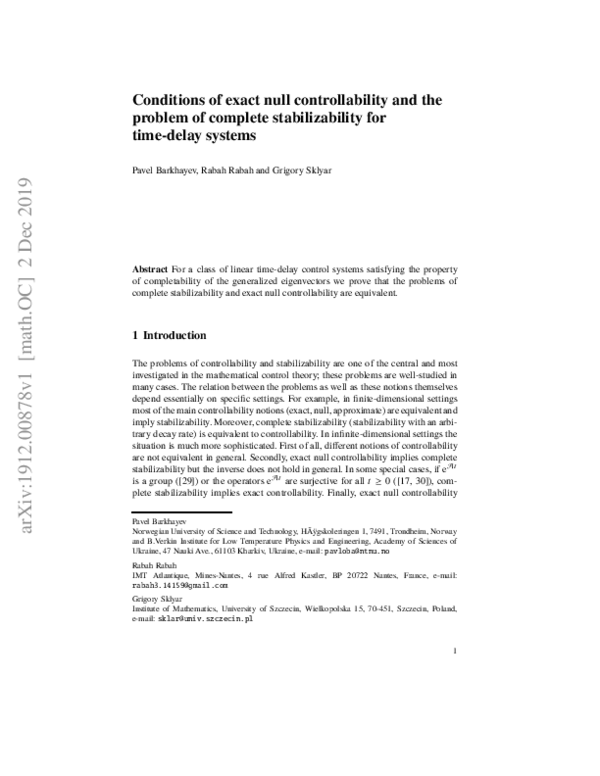 (PDF) Conditions of Exact Null Controllability and the Problem of ...