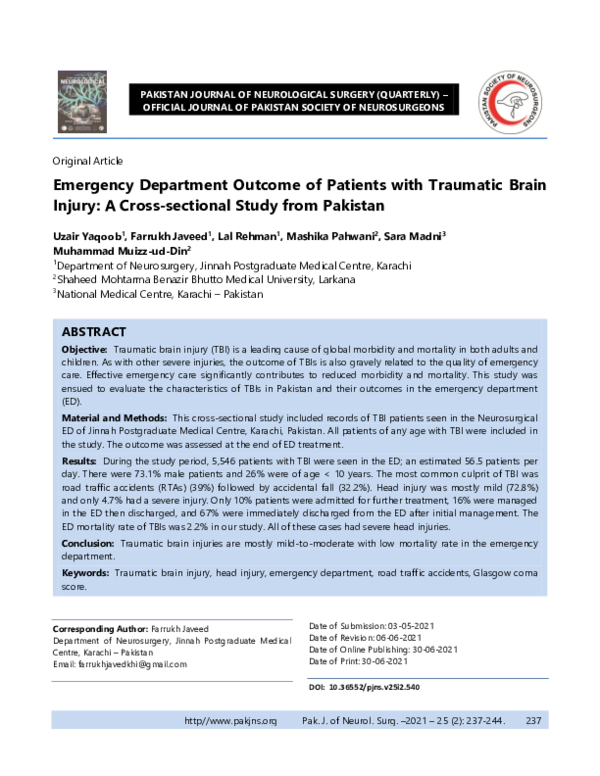 (PDF) Emergency Department Outcome of Patients with Traumatic Brain ...