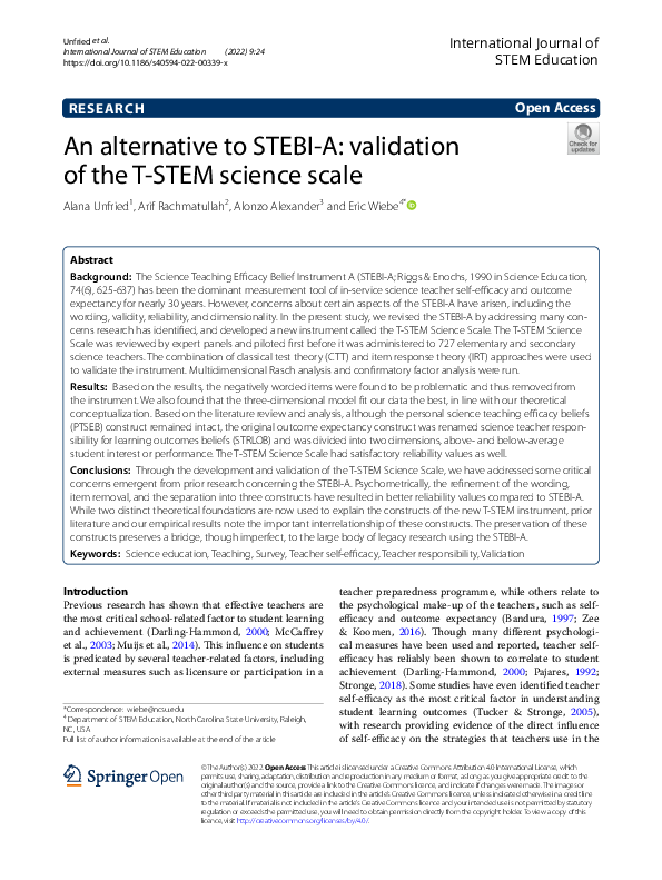 (PDF) An alternative to STEBI-A: validation of the T-STEM science scale